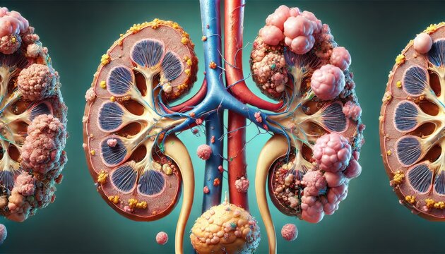 Detailed Anatomical Illustration Showcasing Polycystic Kidney Disease with Multiple Cysts on Kidneys, Accompanied by Blood Vessels and Ureter