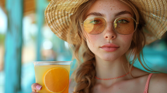 Fashion pretty young woman wearing a straw hat, sunglasses with air balloon drinks fruit juice from cup over colorful blue background