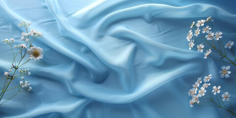 beautiful concept holiday romance bridal wedding bedding linen bed template table view top lay fl fabric creases soft design space background elegant satin silk blue light 