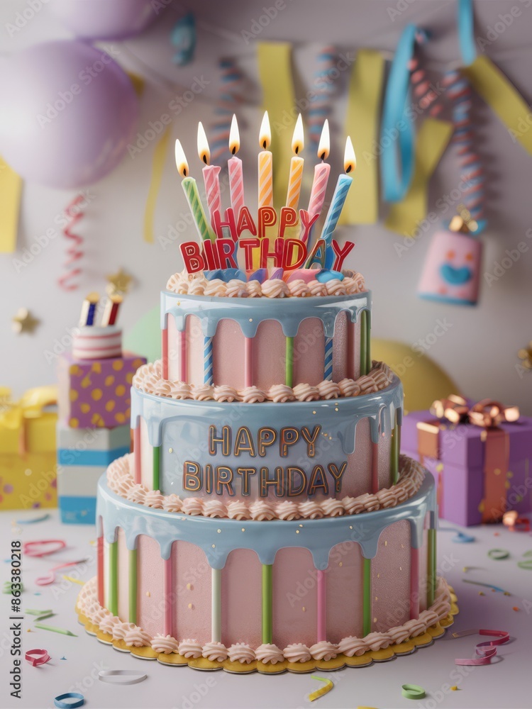 Sticker A birthday cake with candles on top of it and balloons, AI