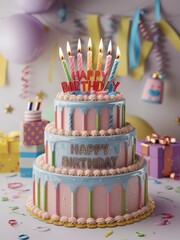 A birthday cake with candles on top of it and balloons, AI