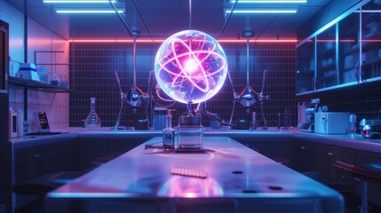 Science Laboratory with Glowing Atom Sphere