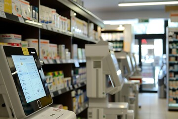 Fototapeta premium Pharmacy with automated dispensing machines comprehensive visual assessment of automation in pharmacies
