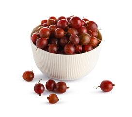 Bowl with fresh gooseberries on white background