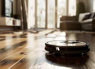 Obraz premium Robot Vacuum Cleaning a Hardwood Floor