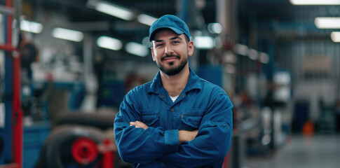 A man in a blue shirt and hat is standing in a garage. Confident mechanic in blue uniform standing in auto repair shop. Concept Automotive, Mechanic, Confidence, Workshop, Blue Uniform - Powered by Adobe