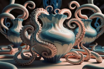 Obraz premium A vase with tentacles and octopus on a table in front of it, AI