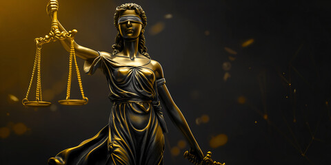 Fototapeta premium A statue of the Lady of Justice, blindfolded and holding a scale, stands against a dark background with golden lights