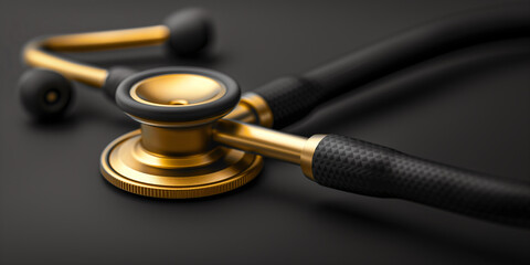 A close-up shot of a gold stethoscope, featuring a textured black tube, laying on a dark surface, highlighting the intricate details of the medical instrument
