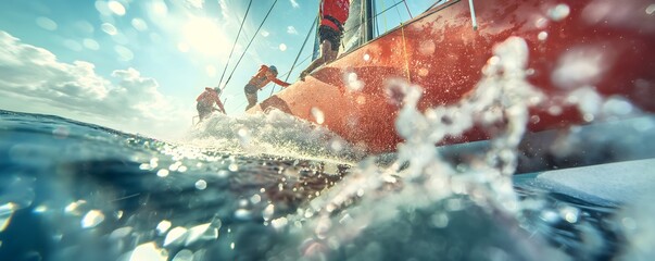 Professional sailor Americas Cup team close-up of people working on a catamaran navigating a catamaran on a sunny day