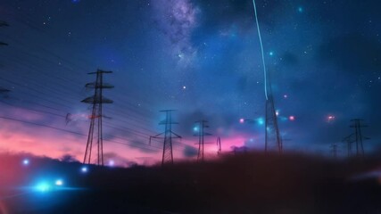 Power lines at night under a starry sky, showcasing energy and industrial infrastructure with a beautiful, glowing night sky - Powered by Adobe