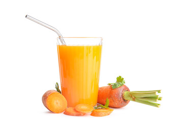 Glass of fresh carrot juice with parsley on white background