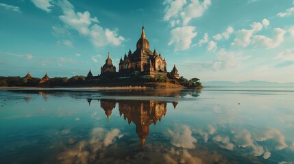 Fototapeta premium Majestic Temples Mirrored in Tranquil Waterscape Bagan Myanmar