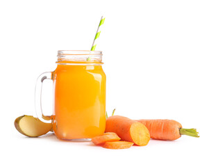 Mason jar of fresh carrot juice with apple on white background
