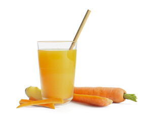 Glass of fresh carrot juice with apple on white background