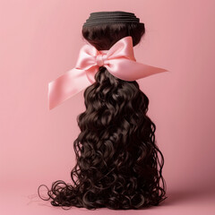 curly raw hair weave bundle with a pink bow