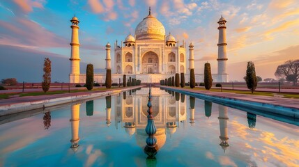 Naklejka premium Taj Mahal Reflection in Tranquil Pool at Sunrise Mirrored in Modern Bathroom