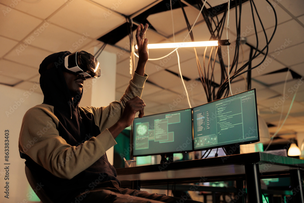 Poster hacker breaking into databse in vr glasses, spyware coding experience, african american man cracking