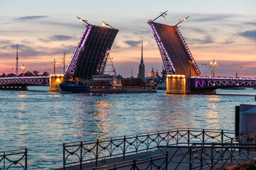 palace bridge drawbridge at sunrise. St Petersburg, Russia.