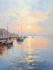 Fototapeta premium Impressionist Harbor Scene at Sunrise with Boats