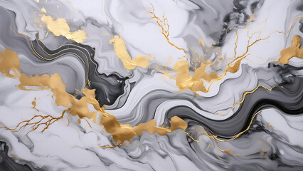 Abstract art with gold, white, and black liquid swirls.  Concept of luxury, glamour, modern design, and contemporary decor.