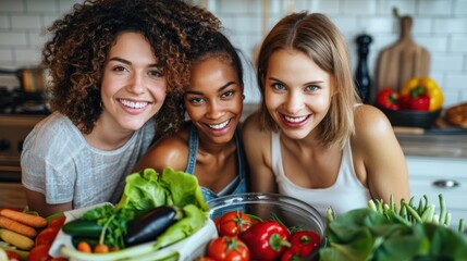 Three women are smiling and posing in front of a table full of vegetables. The vegetables include carrots, tomatoes, and broccoli. Scene is cheerful and positive