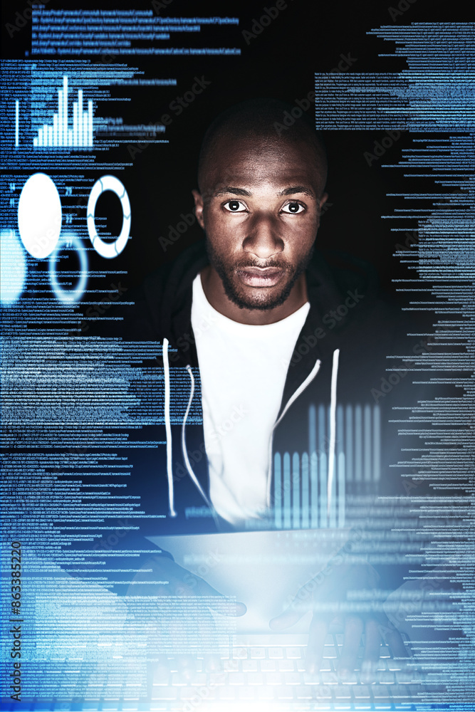 Poster black man, overlay and hacker with cybercrime or cybersecurity for credit card, information and data
