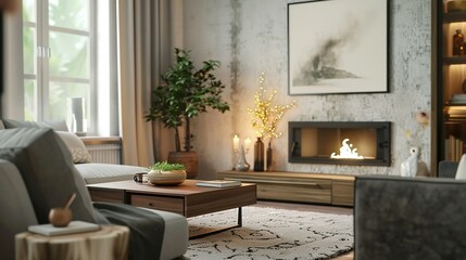 Home Living Room Design Featuring Fireplace and Drawer with Coffee Table: Mock-Up Frame