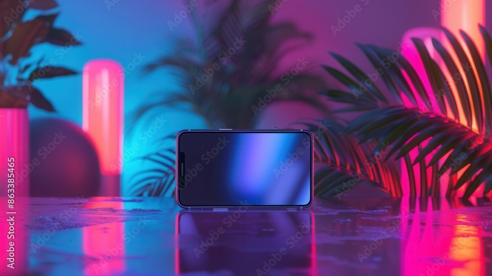 Fototapete A smartphone with a bright screen showing video streaming content sits on a table in a neon-lit studio. Generative AI