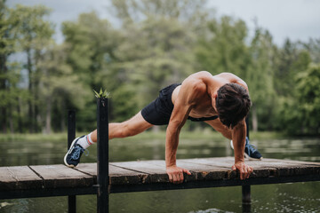 Young athletic man performing an intense workout on a wooden dock by a serene lake, surrounded by nature.