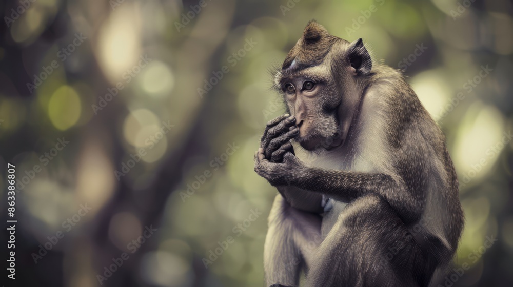 Poster a monkey sitting on a tree branch with its hand in front of it, ai