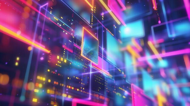 A digital display with vibrant neon lines and geometric shapes creates a dynamic and energetic background perfect for video bloggers and streaming services. Generative AI