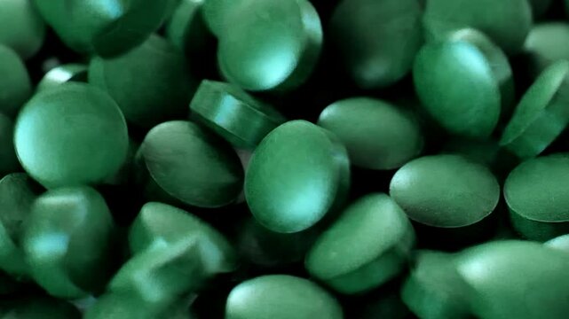 Spirulina algae.Algae in tablets background. Green spirulina tablets fall on top of each other close-up. Slow rotation.Supplements for health and longevity. 4k footage