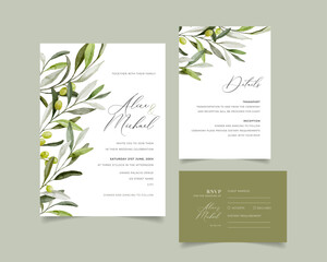 Olive Green Luxury Wedding Invitation, watercolor floral invite, modern card Design greenery olive branches