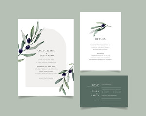Minimalist Olive Green Branch Wedding invitation with detail and RSVP, Modern Wedding Invite Template