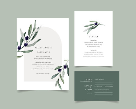 Minimalist Olive Green Branch Wedding invitation with detail and RSVP, Modern Wedding Invite Template