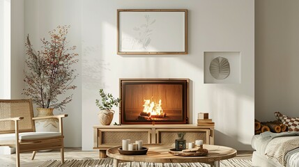 Cozy Living Room Interior with Fireplace and Coffee Table: Mock-Up Frame