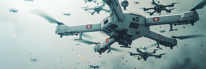 Swarm of medical drones delivering emergency supplies and first aid to disasterstricken areas close scrutiny infographic of drone technology in future humanitarian aid