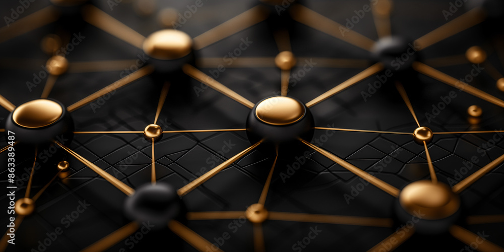 Poster Close-up shot of network of interconnected golden spheres on black background. Connected by thin gold lines, creating complex pattern