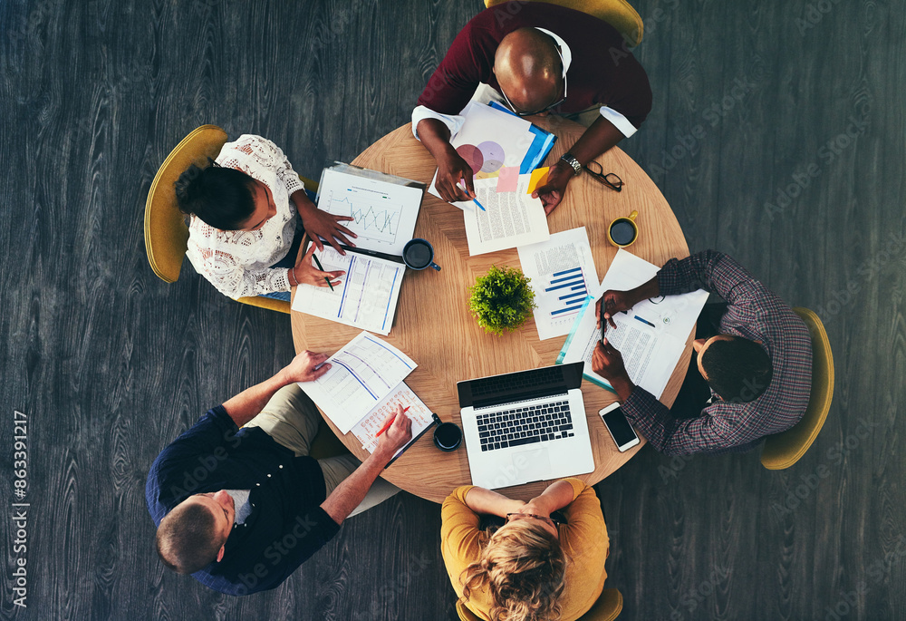 Poster above, office and people in meeting with graphs for teamwork, collaboration and brainstorming. busin