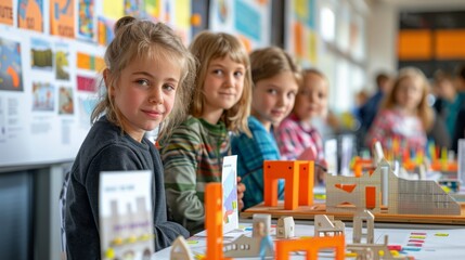 children in a classroom setting, presenting their imaginative projects about the future, with bright posters and models, and plenty of copy space for text