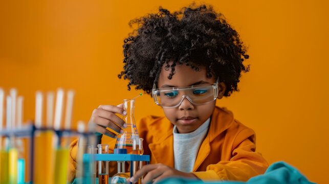 kid playing with a chemistry set, imagining being a scientist making groundbreaking discoveries, with clear copy space for text