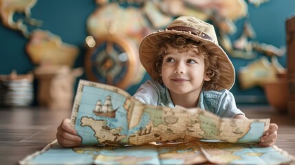 child pretending to be an adventurer with a homemade map and explorer's hat, imagining a journey to discover new lands, with clear copy space for text