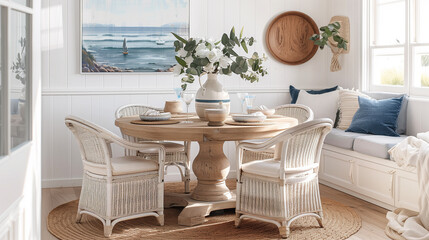 A breezy coastal dining nook with a round wooden table, wicker chairs, and a vase of white flowers, creating a relaxing seaside atmosphere.
