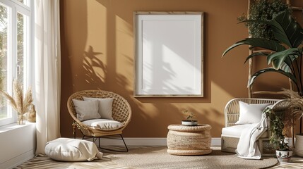Frame mockup in home interior with decoration, living room in brown warm color