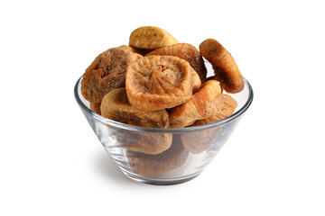 Glass bowl with sweet dried figs on white background