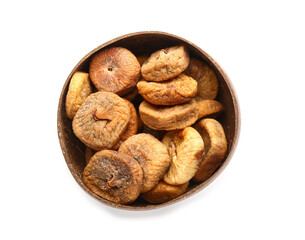 Plate with sweet dried figs on white background