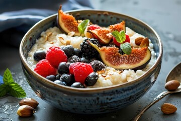nourishing vegan breakfast bowl aromatic coconut rice porridge with fresh figs mixed berries and toasted hazelnuts
