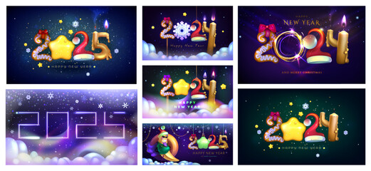 Obraz premium Collection of festive cards. Atmospheric Happy New Year and Merry Christmas banners. Vector Realistic funny design from numbers in the shape сolorful decorations. Glowing candle , cookie,star, 2025