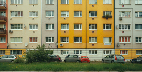 Fototapeta premium apartment building in the city of munich, Germany with two rows of three windows on each floor and one wall that is painted beige with yellow accents